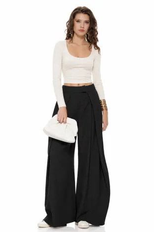 Pantalon dama negru wide cu pense ample si buzunare laterale