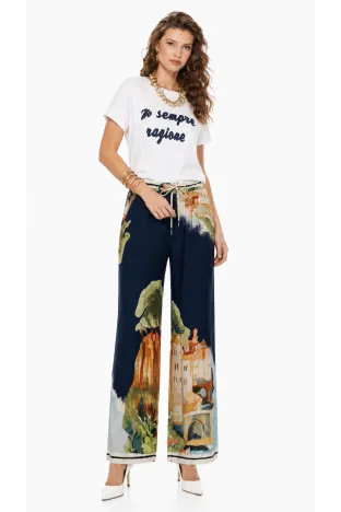 Pantalon dama premium din matase naturala si vascoza satinata imprimeu bleumarin
