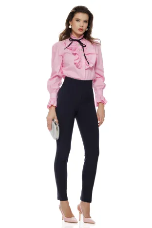 Pantaloni eleganti Fofy bleumarin cu talie inalta usor elastici si betelie lata