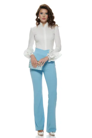 Pantaloni Fofy baby blue evazati cu talie inalta parte peste parte material elastic