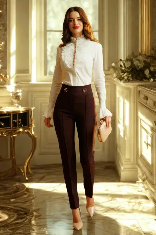 Pantaloni Fofy bordo cu talie inalta usor elastici si betelie lata si nasturi  aurii
