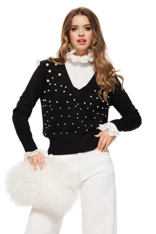 Pulover dama elegant negru cu anchior si aplicatii de perle