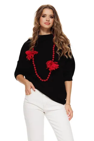 Pulover dama negru cu croi modern asimetric si maneca fluture