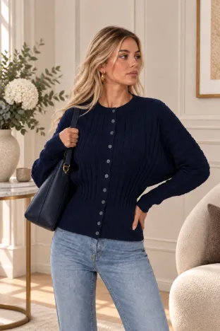 Pulover dama premium bleumarin cu talie lata de cambrare si maneca fluture