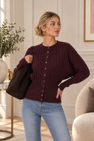 Pulover dama premium bordo pruna cu talie lata de cambrare si maneca fluture