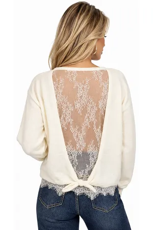 Pulover dama premium crem din tricot pufos cu spate de dantela si fundita