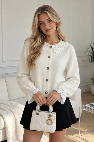 Pulover dama premium crem stil jacheta din tricot pufos cu dantela brodata