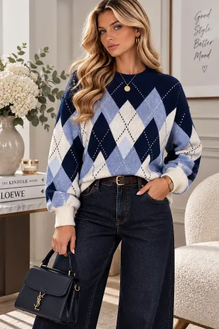 Pulover dama premium gros bleumarin cu carouri Argyle