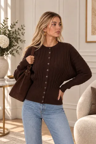 Pulover dama premium maro cu talie lata de cambrare si maneca fluture