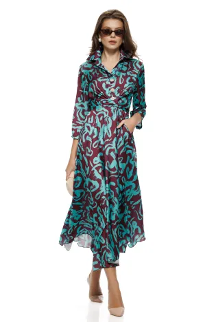 Rochie damă Fofy midi impremeu abstract maro cu  turcoaz, croi tip cămașă cordon în talie