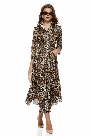 Rochie damă Fofy midi imprimata animal print din voal croi tip cămașă și cordon în talie