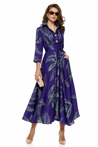 Rochie damă Fofy midi mov violet inchis cu frunze stilizate verzi, croi tip cămașă și cordon în talie