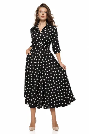 Rochie damă Fofy midi neagra cu buline mari crem, croi tip cămașă și cordon în talie