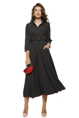 Rochie damă Fofy midi neagra cu buline medii, croi tip cămașă și cordon în talie