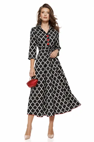 Rochie damă Fofy midi neagra imprimata croi tip cămașă și cordon în talie