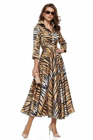 Rochie damă Fofy satin midi animal print, croi tip cămașă și cordon în talie