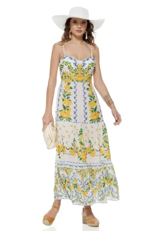 Rochie de vara alba lunga cu bumbac imprimeu mediteranean Amalfi cupe buretate