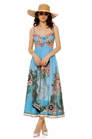 Rochie de vara bleu ciel lunga cu bumbac imprimeu floral estival si bust buretat