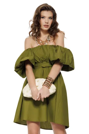 Rochie de vara scurta din bumbac olive cu maneci bufante