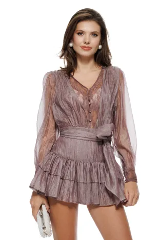 Rochie eleganta  din organza nisipie si dantela premium cu stralucire fina