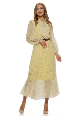 Rochie eleganta din voal matasos galben cu volane si imprimeu cu buline