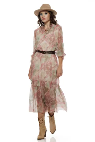 Rochie eleganta din voal matasos roz cu volane si imprimeu paisley