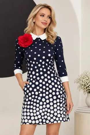 Rochie eleganta Fofy croi in A bleumarin cu buline degrade si guler alb