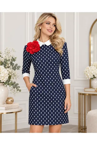 Rochie eleganta Fofy croi in A bleumarin cu buline stilizate floare rosie detasabila si guler alb