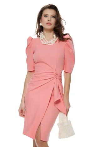 Rochie eleganta Fofy roz  premium cu fusta petrecuta si nod stilizat