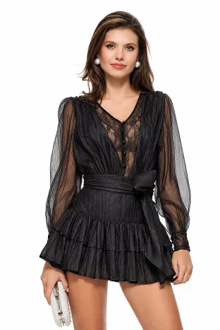 Rochie eleganta neagra din organza si dantela premium cu stralucire fina