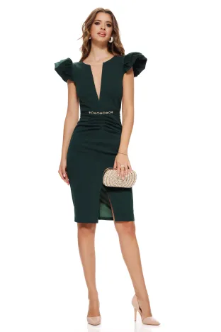 Rochie Fofy elegantă verde cu decolteu adânc elastica cu accesoriu metalic auriu cu pietre in talie