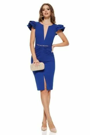 Rochie Fofy elegantă albastru royal cu decolteu adânc elastica cu accesoriu metalic auriu in talie
