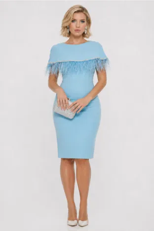 Rochie Fofy elegantă baby blue cu volan  accesorizat  cu stasuri si pene