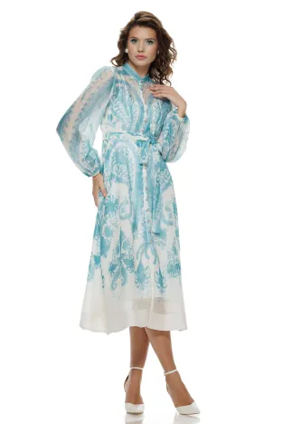 Rochie lunga premium bleu ciel din organza cu imprimeu paisley baroc cu buzunare si nasturi cristal