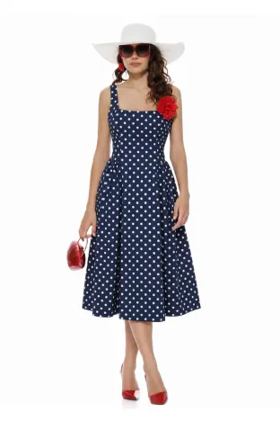 Rochie midi de vara bleumarin cu buline si cambraj cu funda la spate