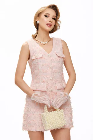 Rochie premium eleganta stil sarafan din tweed roz cu naturi bijuterie din perle