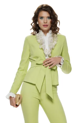 Sacou dama Fofy verde lime cu croiala cambrata cu cordon in talie si fara revere