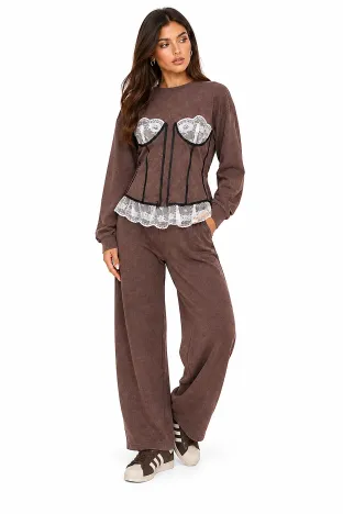 Trening dama din bumbac premium maro cu aplicatie dantela stil corset