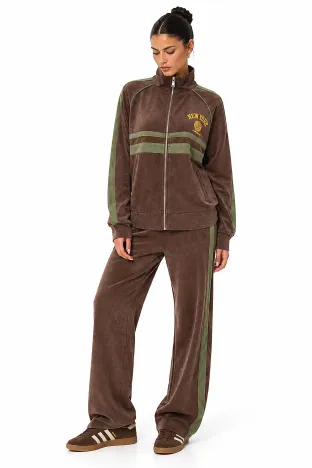 Trening dama din bumbac premium maro cu dungi olive si broderie