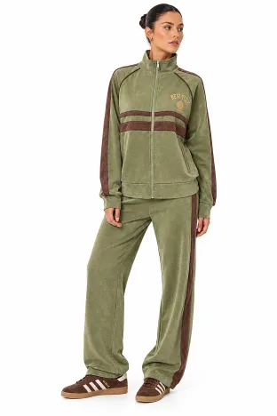 Trening dama din bumbac premium olive cu dungi maro si broderie