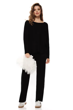 Trening dama tricotat negru cu pulover cu decolteu rotund si pantalon evazat