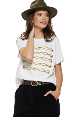 Tricou dama alb premium cu brandemburguri aplicate si nasturi metalici aurii
