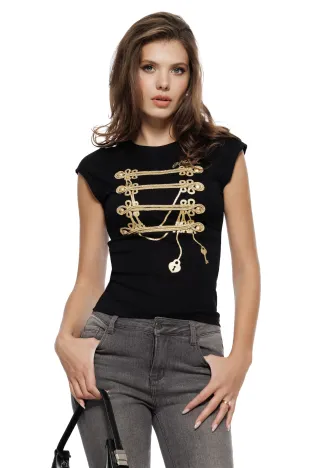 Tricou dama negru premium cu brandemburguri aurii si nasturi metalici aurii