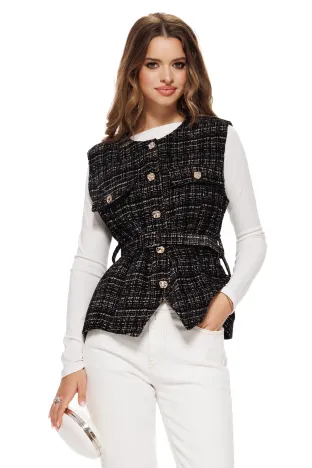 Vesta dama eleganta stil jacheta din stofa pepit neagra catifelata cu nasturi aurii si curea