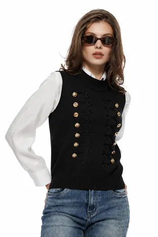 Vesta dama neagra premium din tricot cu brandemburguri aplicate si nasturi metalici aurii