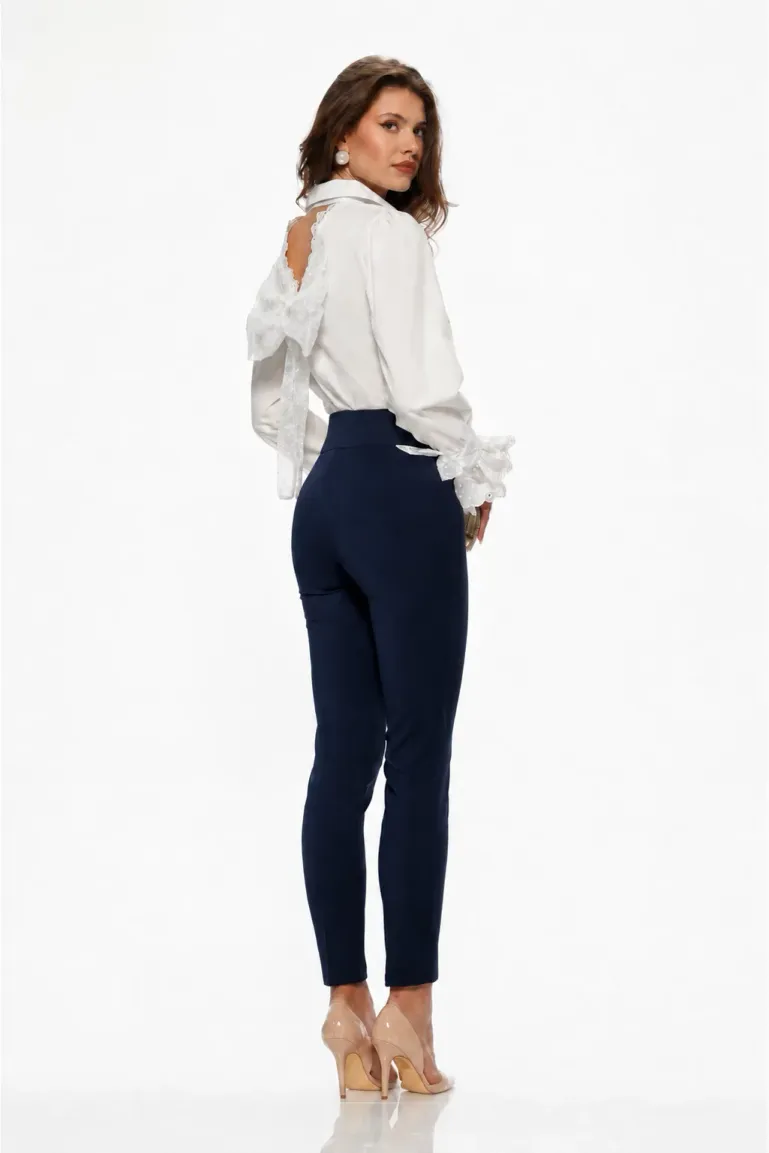 Pantaloni damă Fofy bleumarin cu talie înaltă și croi conic cu aplicații-bijuterie aurii picture - 2