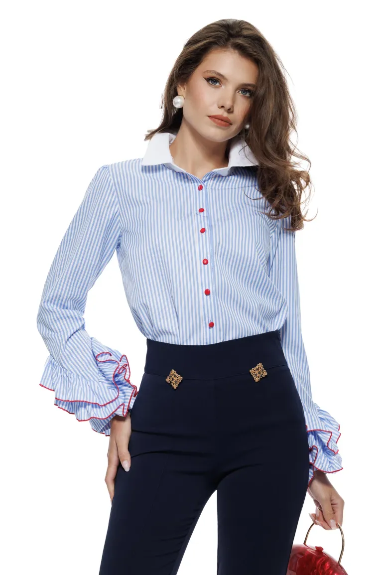 Pantaloni damă Fofy bleumarin cu talie înaltă și croi conic cu aplicații-bijuterie aurii picture - 7