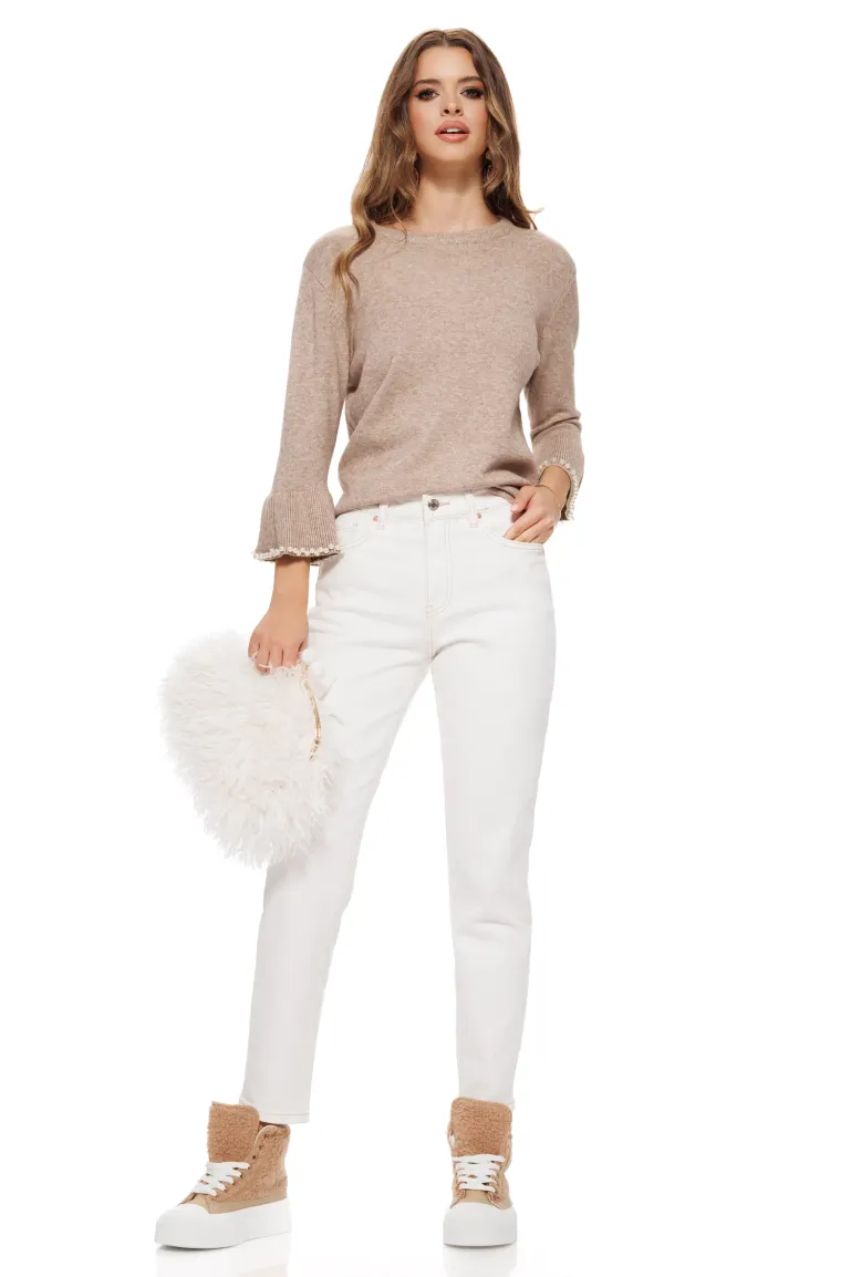 Blugi dama crem premium 2026 cu cusaturi mocca mouse material elastic croi conic talie inalta picture - 4