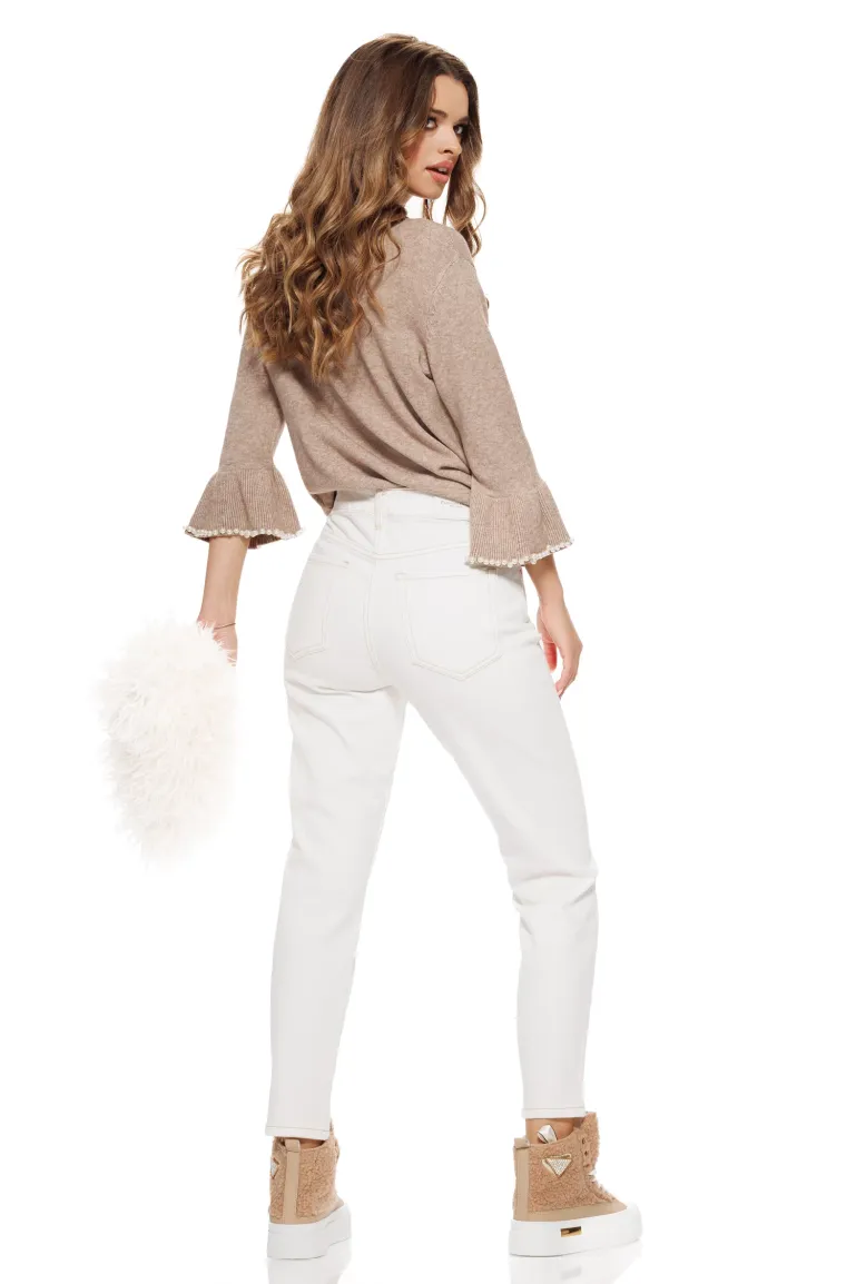 Blugi dama crem premium 2026 cu cusaturi mocca mouse material elastic croi conic talie inalta picture - 7