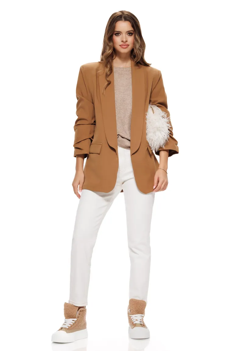 Blugi dama crem premium 2026 cu cusaturi mocca mouse material elastic croi conic talie inalta picture - 3